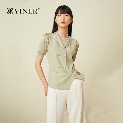 音儿女装2022夏季新款拼接泡泡袖亮丝针织衫8c32206160 商品图0