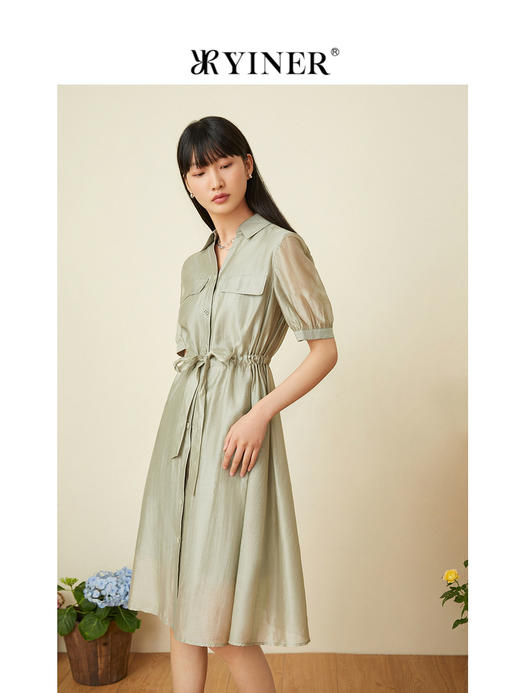 音儿女装2022夏季新款高腰泡泡袖半开领连衣裙8c32205220 商品图1