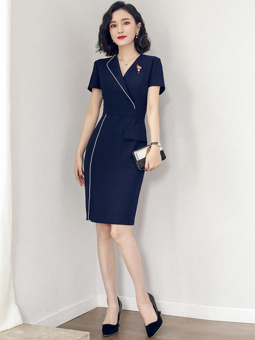 艾尚臣夏季新款职业连衣裙时尚通勤OL中长裙气质V领一步裙子 商品图2