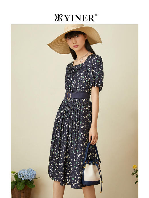 音儿女装2022夏季新款法风收腰方领真丝连衣裙8c32205760 商品图3