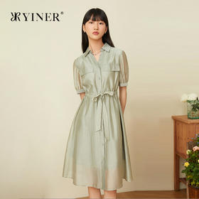 音儿女装2022夏季新款高腰泡泡袖半开领连衣裙8c32205220