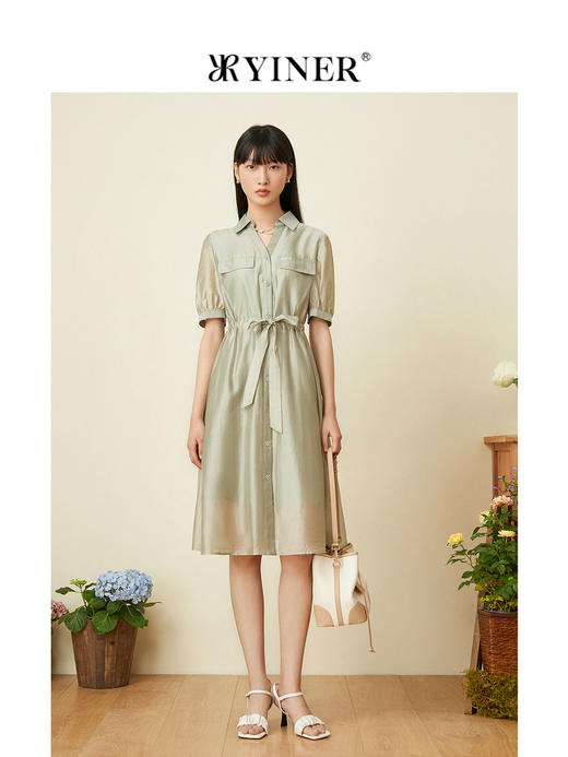 音儿女装2022夏季新款高腰泡泡袖半开领连衣裙8c32205220 商品图3