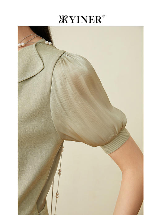 音儿女装2022夏季新款拼接泡泡袖亮丝针织衫8c32206160 商品图2