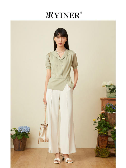 音儿女装2022夏季新款拼接泡泡袖亮丝针织衫8c32206160 商品图3