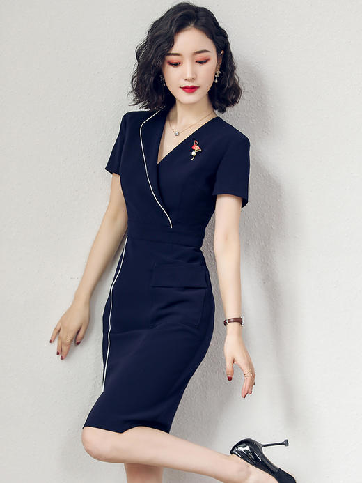 艾尚臣夏季新款职业连衣裙时尚通勤OL中长裙气质V领一步裙子 商品图3