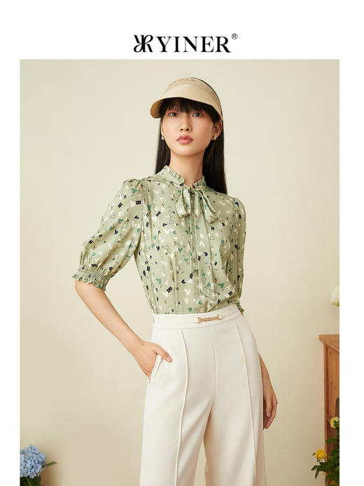 音儿女装2022夏季新款爱心印花灯笼袖蚕丝衬衫8c32270310 商品图1