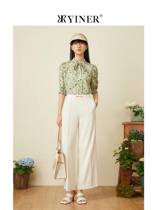 音儿女装2022夏季新款爱心印花灯笼袖蚕丝衬衫8c32270310 商品图3