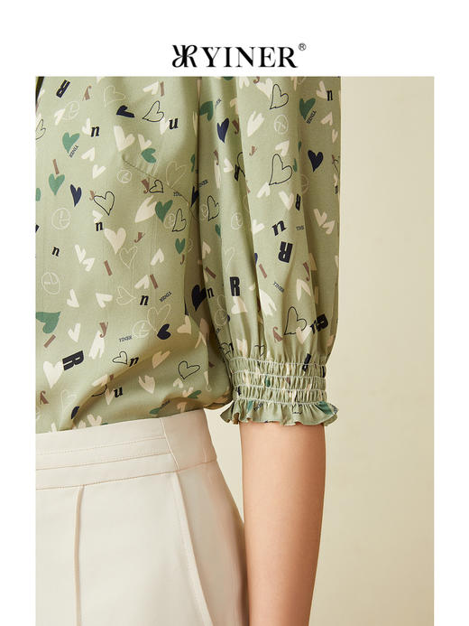 音儿女装2022夏季新款爱心印花灯笼袖蚕丝衬衫8c32270310 商品图2