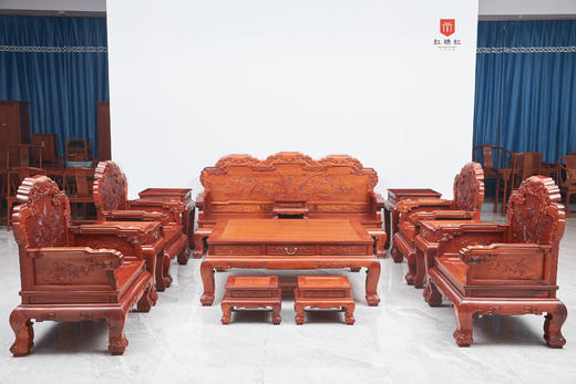 红桥红  家具严选  缅甸花梨（大果紫檀）  【直背 凤凰牡丹弧腿沙发 十三件套】 商品图1