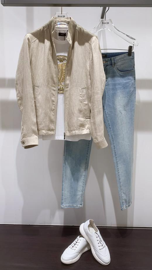 【1F】RARE威雅 | 22春夏 新款卡其色麻料与皮局部拼接的小立领休闲外套 男士休闲外套 商品图1