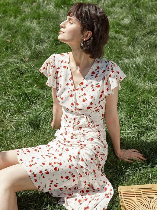 HeyDress法式碎花连衣裙女夏季V领抽褶茶歇裙复古玫瑰花气质收腰雪纺裙子 商品图0