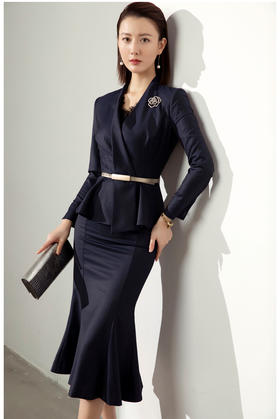 人鱼女王 J20304005A 颈袖添香装修身女士气质时尚名媛长袖职业包臀套装