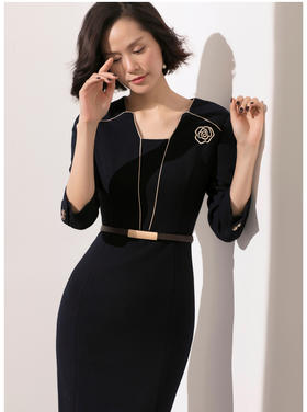 J20384079 颈袖添香品牌装OL气质职场装修身包臀连衣裙