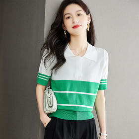 宽松撞色，短袖套头薄款翻领t恤打底冰丝针织衫CC-J211