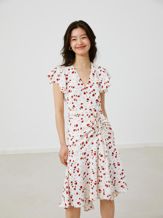 HeyDress法式碎花连衣裙女夏季V领抽褶茶歇裙复古玫瑰花气质收腰雪纺裙子 商品图1