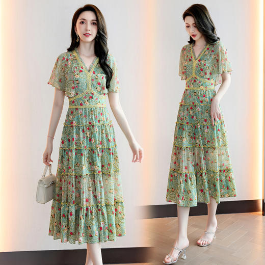 2022法式温柔风茶歇裙印花夏季新款时尚气质优雅中长裙HR-WZ51209 商品图3