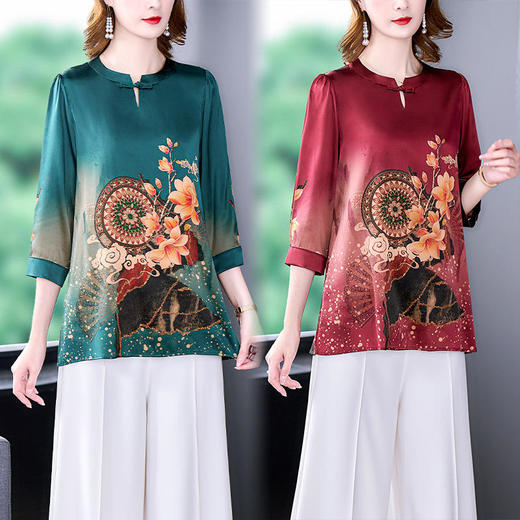 【AHM】真丝上衣女2022春季新款时尚印花复古气质盘扣圆领洋气桑蚕丝衬衫 商品图2