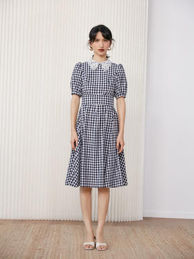 HeyDress法式格纹连衣裙女夏季收腰娃娃领设计感高腰格子小众裙子