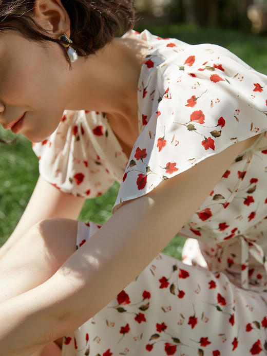 HeyDress法式碎花连衣裙女夏季V领抽褶茶歇裙复古玫瑰花气质收腰雪纺裙子 商品图3