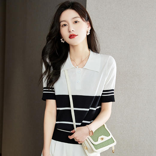 宽松撞色，短袖套头薄款翻领t恤打底冰丝针织衫CC-J211 商品图1