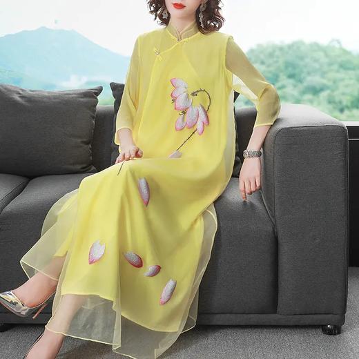 YFN- 6815民族风汉服改良旗袍版复古荷花刺绣中式连衣裙 商品图1