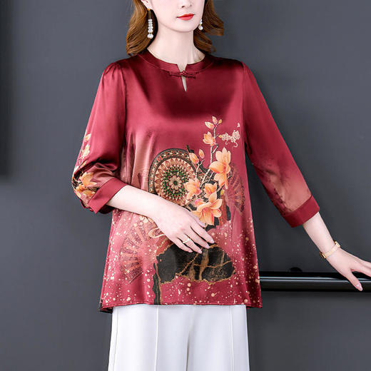 【AHM】真丝上衣女2022春季新款时尚印花复古气质盘扣圆领洋气桑蚕丝衬衫 商品图3