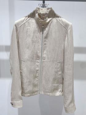 【1F】RARE威雅 | 22春夏 新款卡其色麻料与皮局部拼接的小立领休闲外套 男士休闲外套