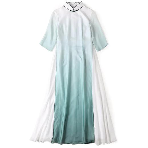 XZY-QF-220304新款优雅气质改良立领七分袖天丝墨绿渐变长款拼接旗袍裙 商品图5