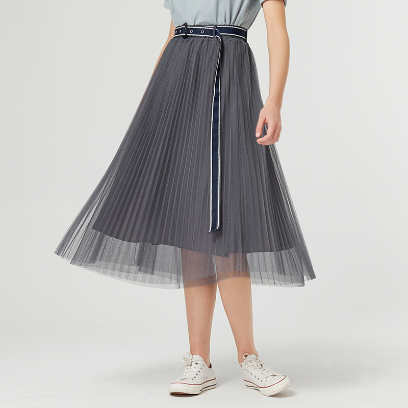 Famecoco范可儿气质收腰百褶裙仙女中长网纱半身裙夏季F223HA014