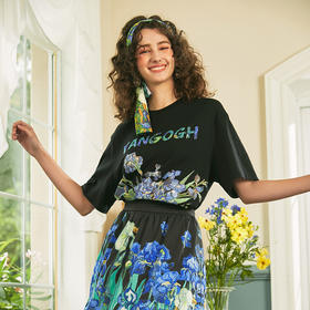 T恤 两三事梵高艺术花丛撒野夏新款短袖t恤女黑色设计感宽松上衣