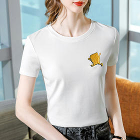 短袖时髦，卡通刺绣棉体恤纯色圆领收腰上衣SG-T2X0385