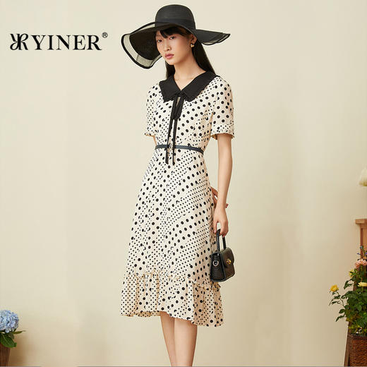 音儿女装2022夏季新款波点醋酸飘带真丝连衣裙8c32205840 商品图0