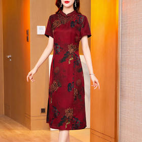 真丝花萝香云纱连衣裙，改良旗袍夏季妈妈礼服婚宴装ZT-22159