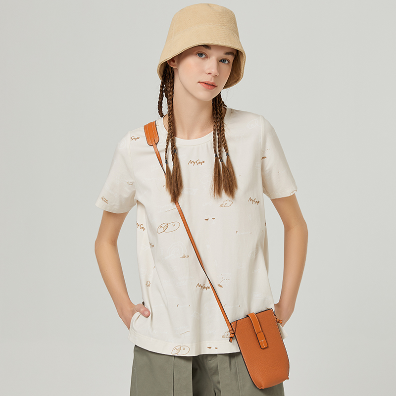 famecoco范可儿宽松短袖T恤女圆领新款夏季时尚字母印花上衣F223BB012