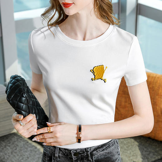 短袖时髦，卡通刺绣棉体恤纯色圆领收腰上衣SG-T2X0385 商品图3