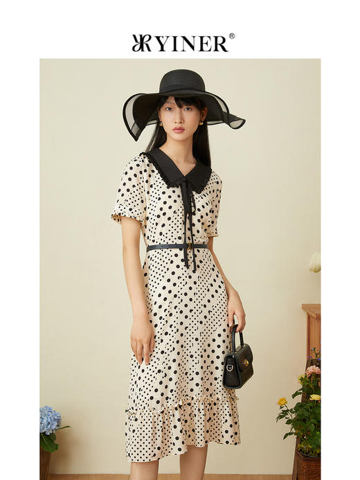 音儿女装2022夏季新款波点醋酸飘带真丝连衣裙8c32205840 商品图2