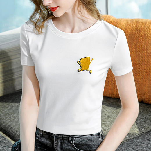 短袖时髦，卡通刺绣棉体恤纯色圆领收腰上衣SG-T2X0385 商品图2