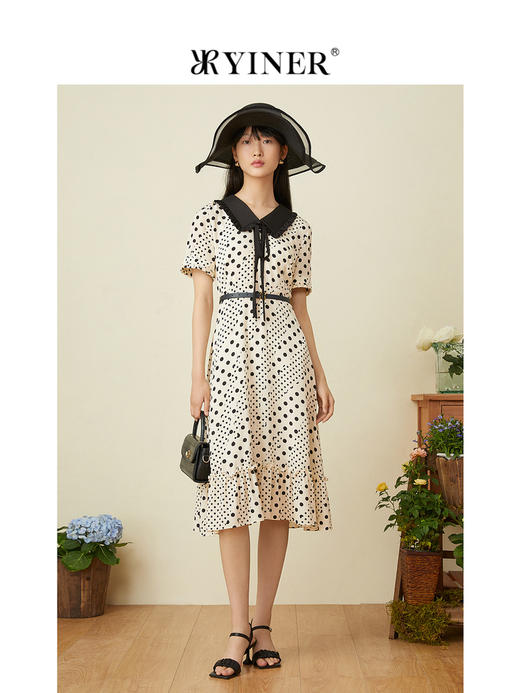 音儿女装2022夏季新款波点醋酸飘带真丝连衣裙8c32205840 商品图1