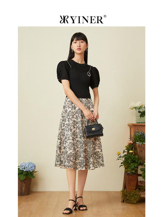 音儿2022夏季新款针织拼接印花网纱连衣裙8c32206820 商品图3