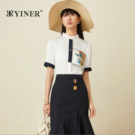 音儿2022夏季新款撞色设计感花朵图案衬衫8c32230720 商品图0