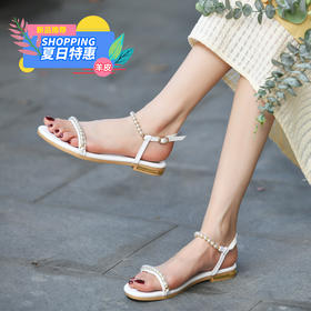 雅梦纤足仙女风一字珍珠羊皮凉鞋