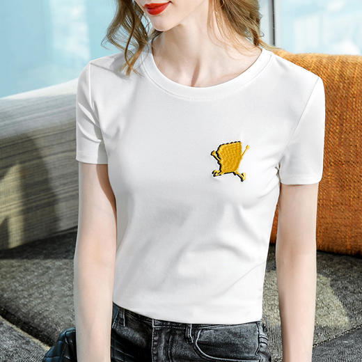 短袖时髦，卡通刺绣棉体恤纯色圆领收腰上衣SG-T2X0385 商品图1