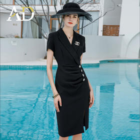 AD御姐范西装连衣裙夏季轻熟风小黑裙时尚职业气质开叉包臀裙