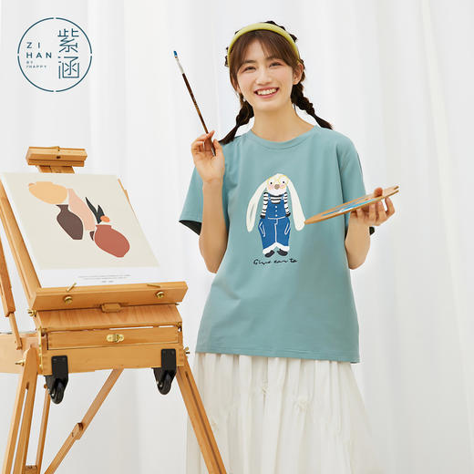 ZIHAN紫涵圆领趣味印花大版T夏季新品2022休闲直筒落肩袖短袖上衣百搭Z2Z04BS355 商品图0