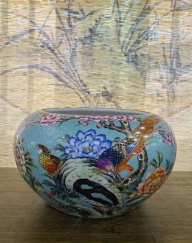 段龙虎：粉彩扒花花鸟水洗