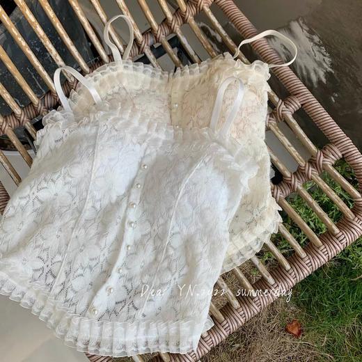 黛唯梵纯欲风木耳边珍珠扣蕾丝绣花法式固定杯吊带美背后背褶皱高弹美背 商品图1