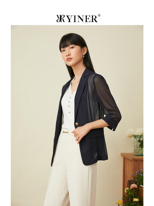 音儿女装2022夏新款网纱三醋酸西装短外套8c32210840  商品图1