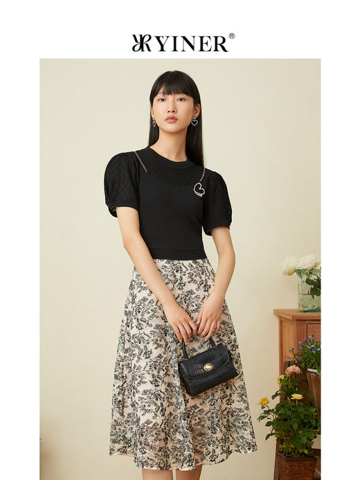 音儿2022夏季新款针织拼接印花网纱连衣裙8c32206820 商品图1