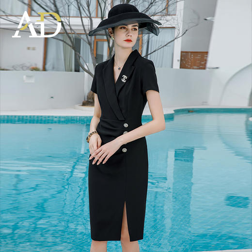 AD御姐范西装连衣裙夏季轻熟风小黑裙时尚职业气质开叉包臀裙 商品图1