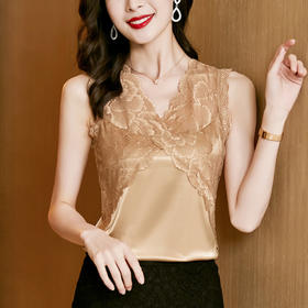 经典百搭，V领修身显瘦打底小衫蕾丝拼接缎面无袖背心KQL-2278